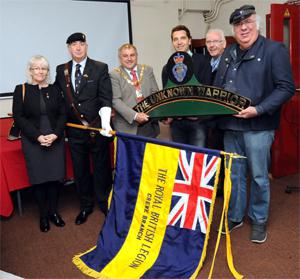 Dawn and Stuart Kay from the Crewe Branch of The Royal British Legion, The Mayor of Crewe, Cllr. Roy Cartlidge, Edward Timpson MP, Pete Waterman (owner of LNWR Heritage Ltd. at Crewe where the new boiler for 'The Unknown Warrior' is being built), and Chris Hughes, from BBC TV's Eggheads who is supporting the Project. 